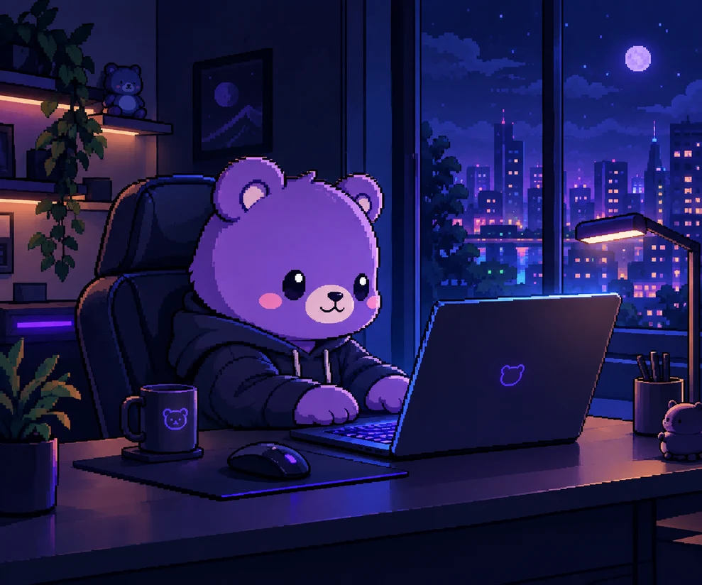 Dudu, um urso roxo em pixel art, programando de madrugada em um home office aconchegante